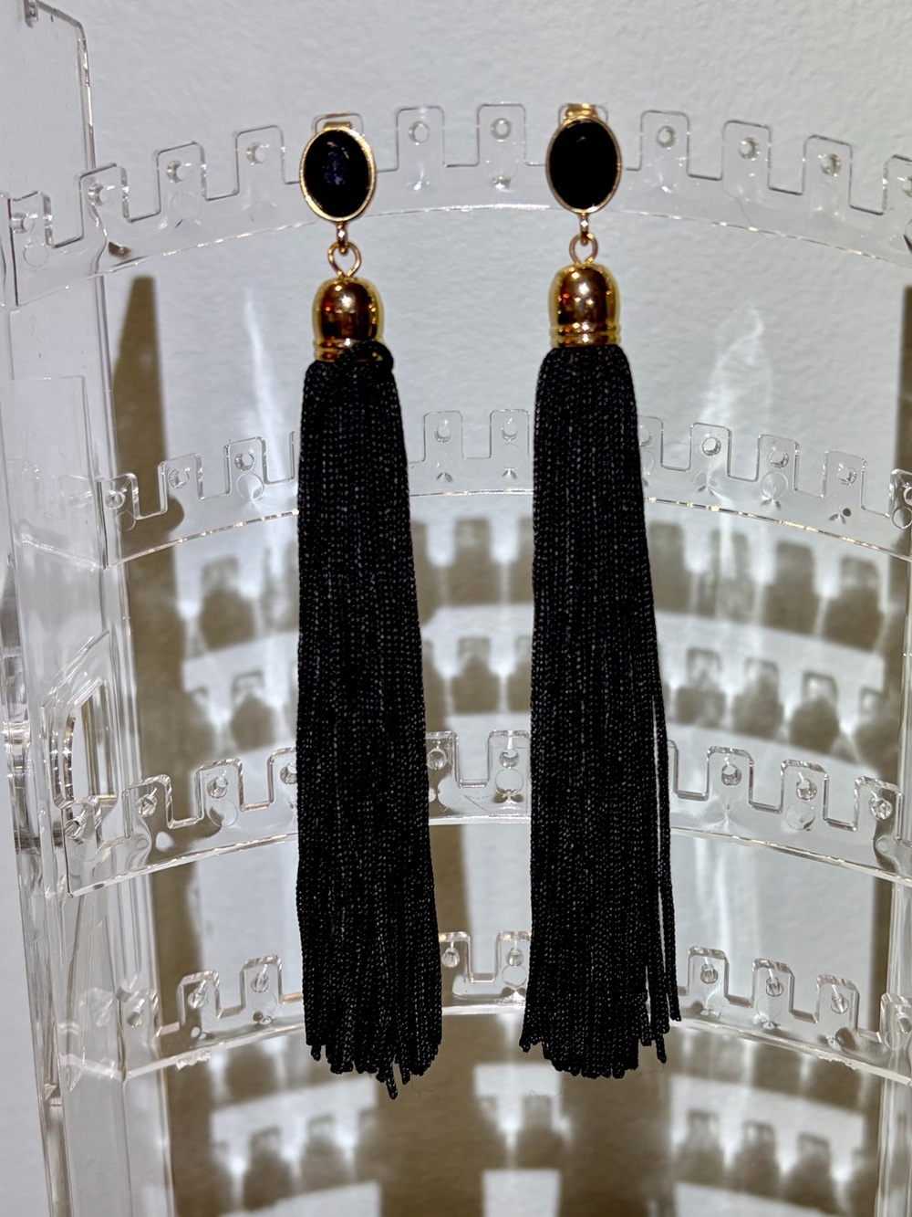 NWOT Elegant Black Tassel Fringe Drop Pierced Earrings with Gold Accents